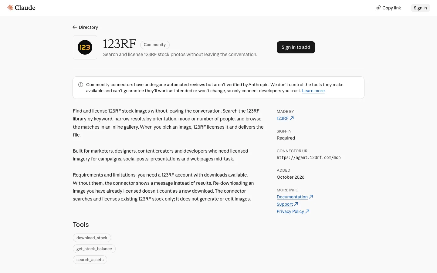 The 123RF listing in the Claude Connectors Directory
